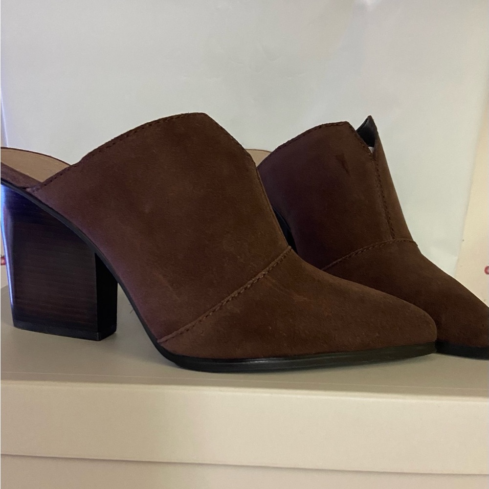 Brown Suede Block Heel Mules